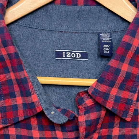 IZOD Men Shirt 2XLT Red Pink Blue Plaid Big & Tall Button Up Long Sleeve Preppy - Picture 3 of 6